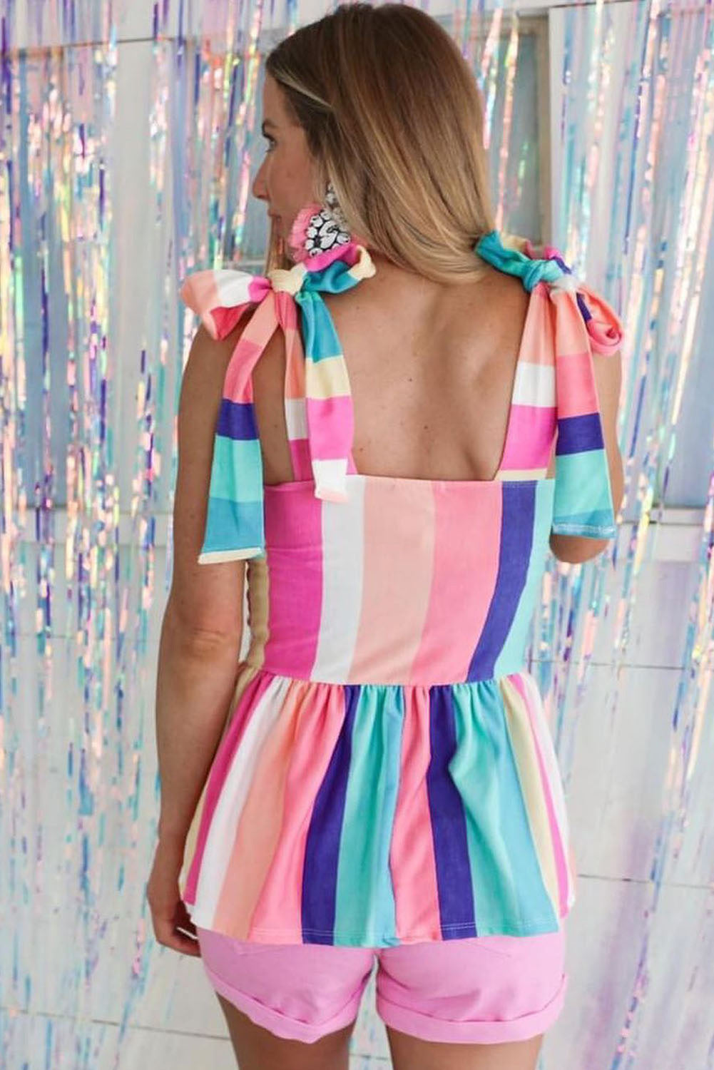 Multicolor Striped Print Colorblock Knotted Shoulder Peplum Tank Top Tank Tops JT's Designer Fashion