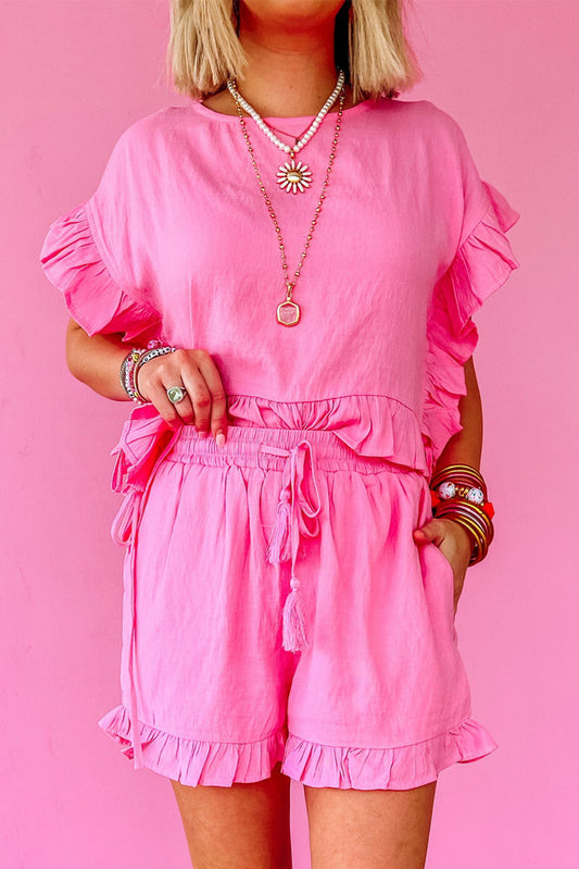 Pink Ruffled Hem Short Sleeve Elastic Drawstring Waist Pocketed Shorts Set Bottoms JT's Designer Fashion