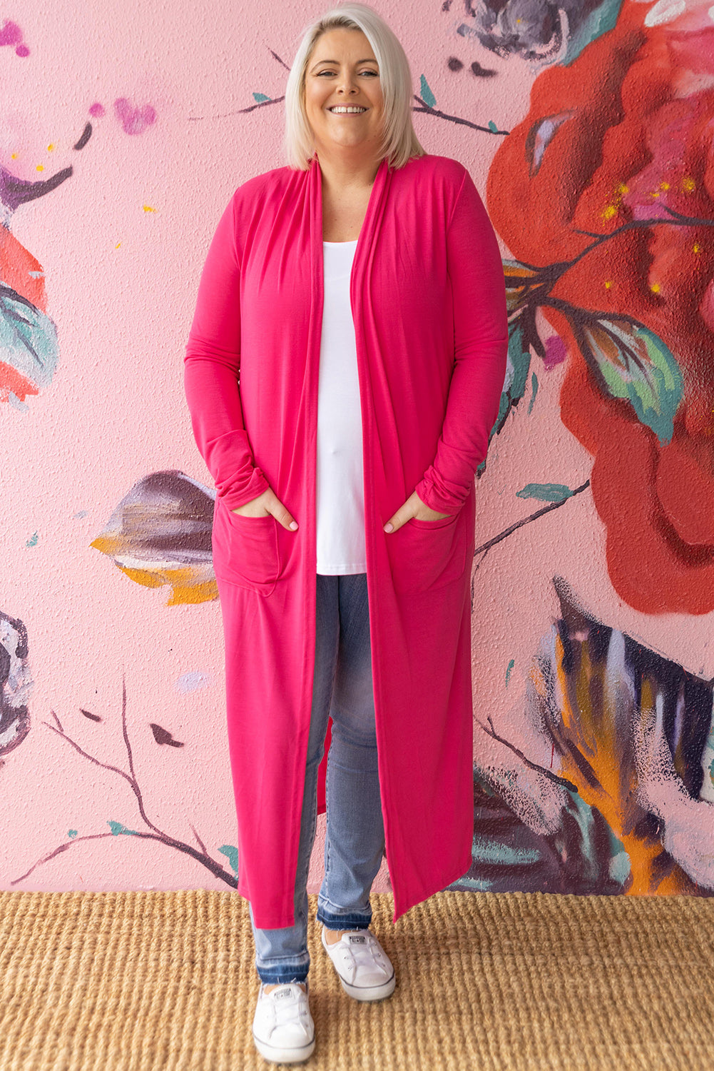 Strawberry Pink Plus Size Side Split Pockets Duster Cardigan Plus Size JT's Designer Fashion