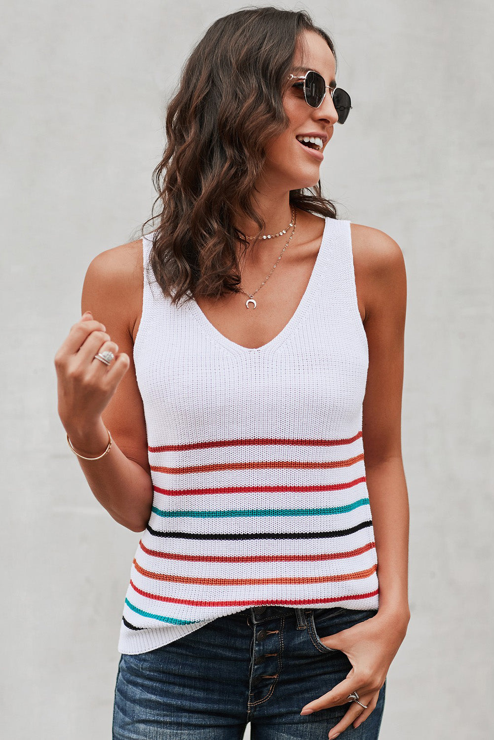 Multicolor Stripes White Knit Tank Top Tank Tops JT's Designer Fashion