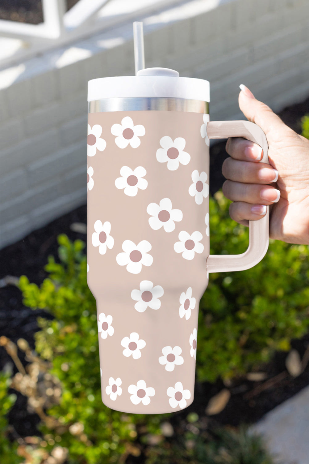 Parchment Floret Print Stainless Tumbler With Lid And Straw Tumblers JT's Designer Fashion