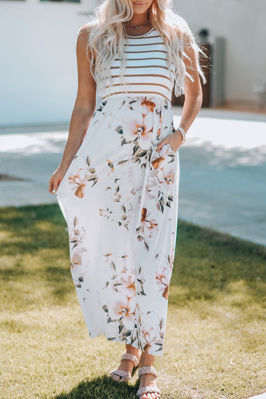 White Striped Floral Print Sleeveless Maxi Dress with Pocket White 95%Polyester+5%Elastane Maxi Dresses JT's Designer Fashion