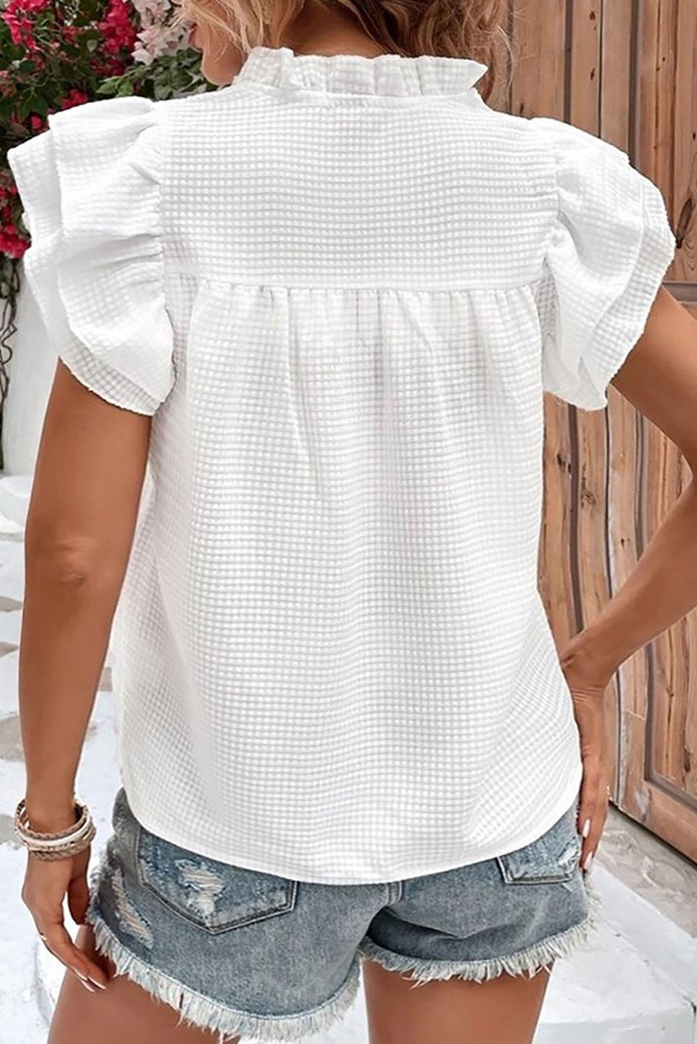 White Textured Ruffled Flutter Sleeve Plus Size Blouse Tops & Tees JT's Designer Fashion