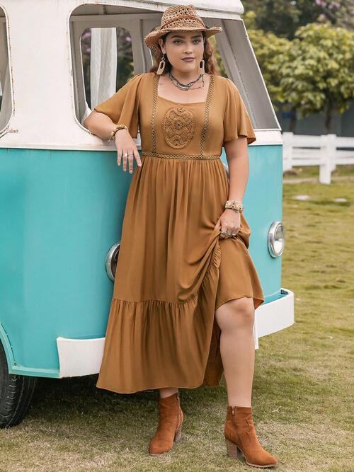 Plus Size Square Neck Short Sleeve Ruffle Hem Dress Caramel Midi Dresses JT's Designer Fashion