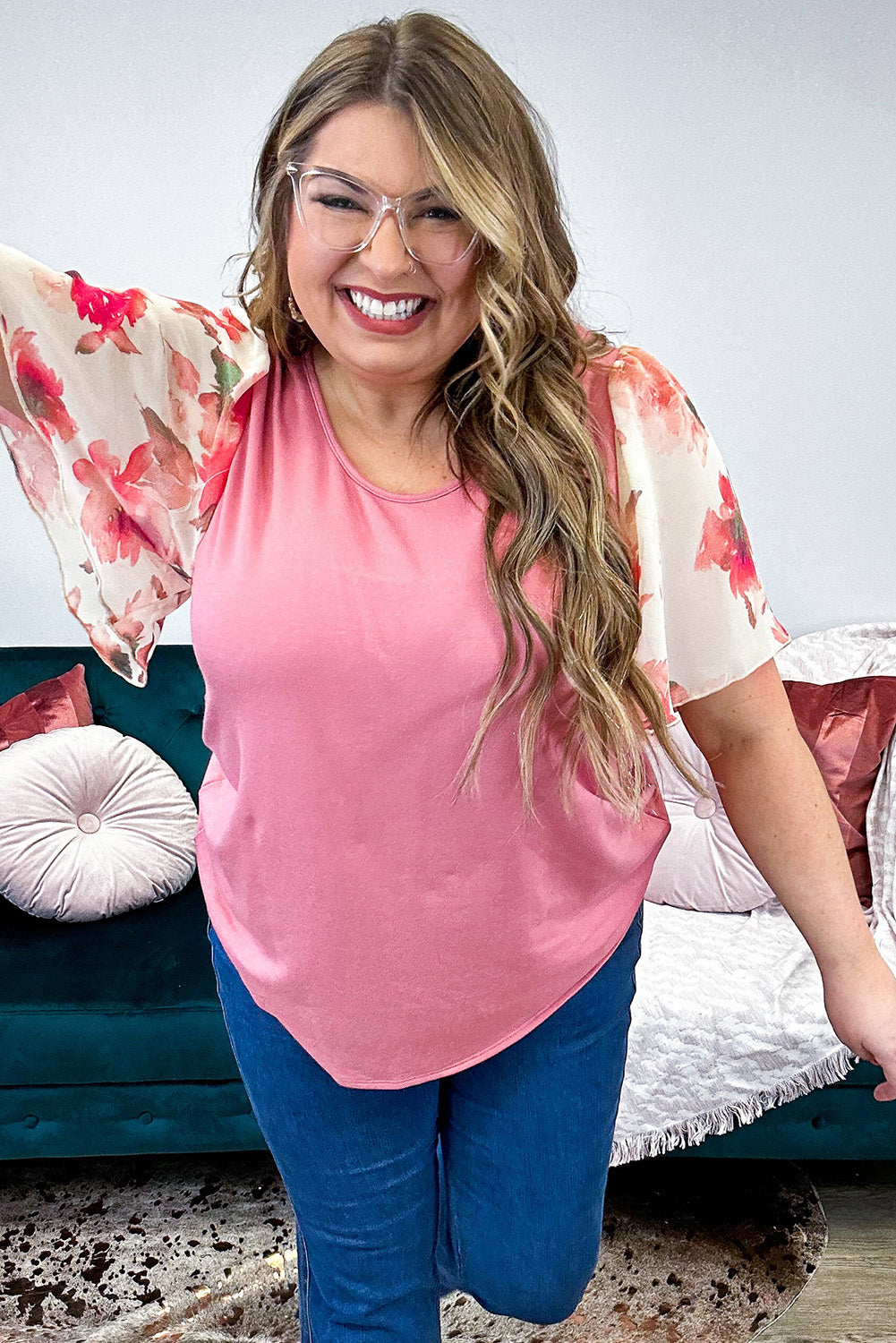 Pink Plus Size Floral Chiffon Flutter Sleeve Knit Top Plus Size JT's Designer Fashion