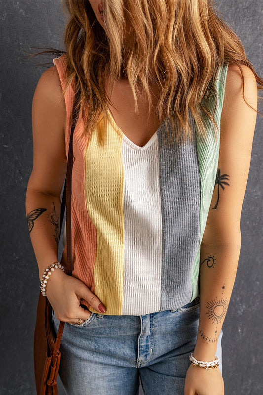 Multicolor Color Block V-Neck Waffle Knit Tank Top Multicolor 95%Polyester+5%Elastane Tank Tops JT's Designer Fashion