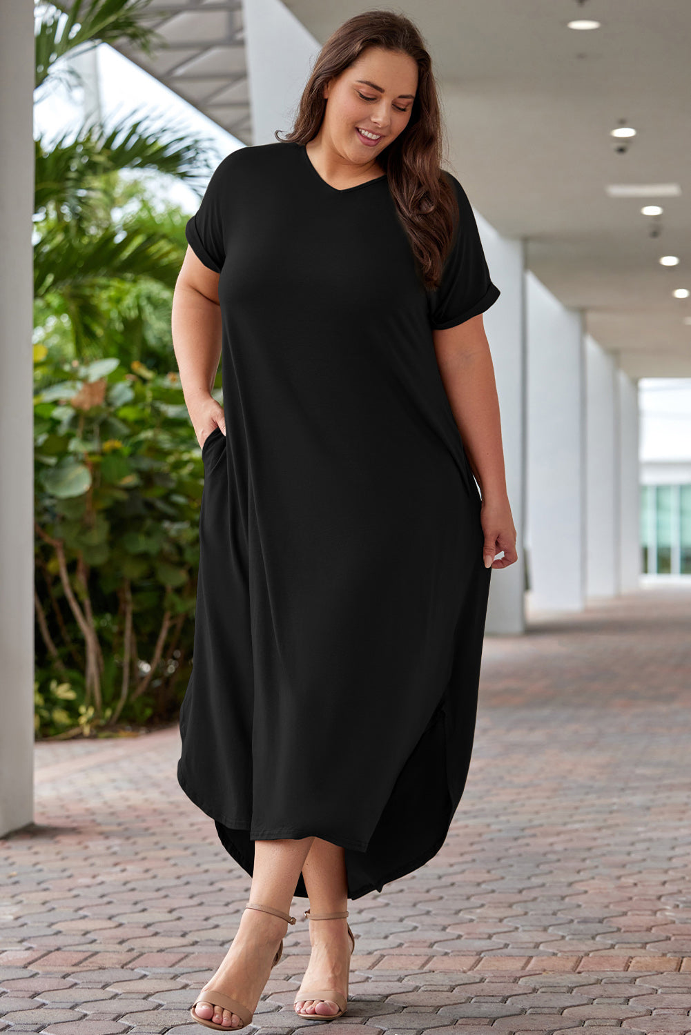 Black Plus Size V Neck Rolled Cuffs Maxi Dress Plus Size Dresses JT's Designer Fashion