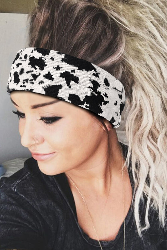 Black Cow Spots Printed Warm Knitted Sports Headband Headwear JT's Designer Fashion