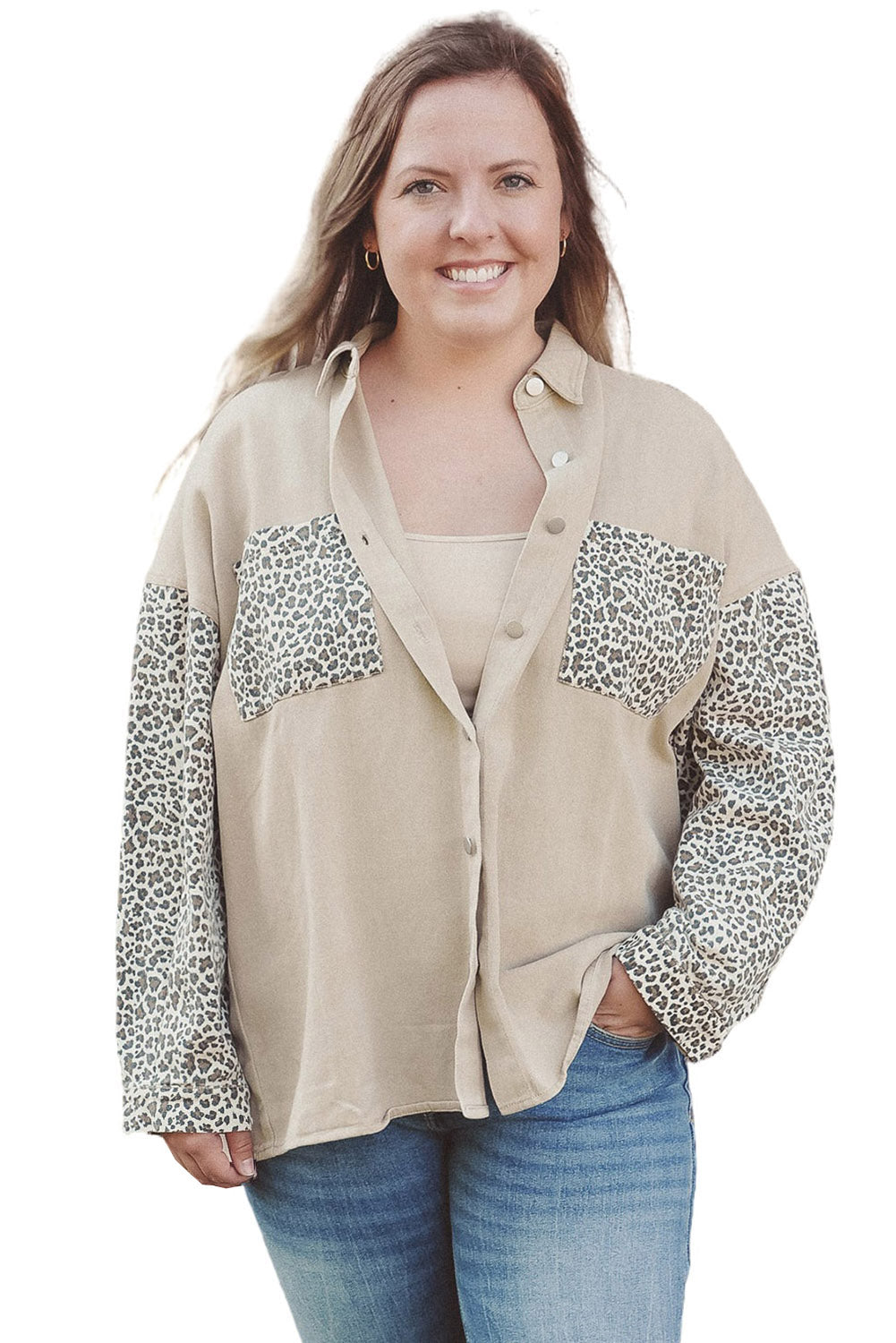 Khaki Plus Size Leopard Patchwork Shacket Plus Size JT's Designer Fashion