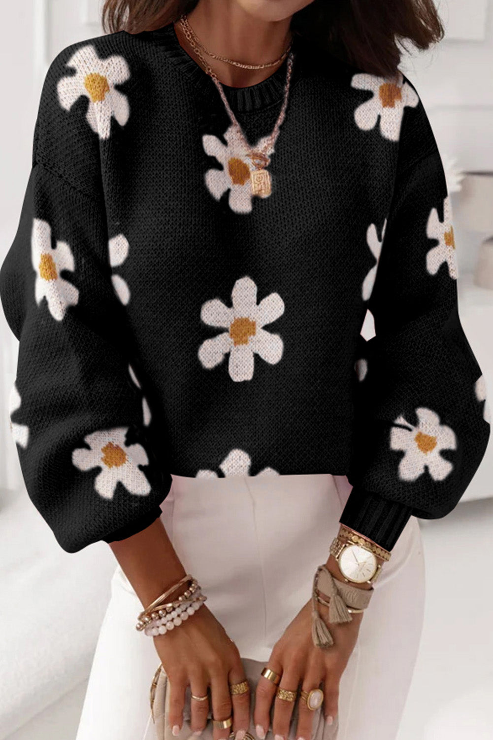 Black Pink Floral Pattern Drop Shoulder Sweater Pre Order Sweaters & Cardigans JT's Designer Fashion