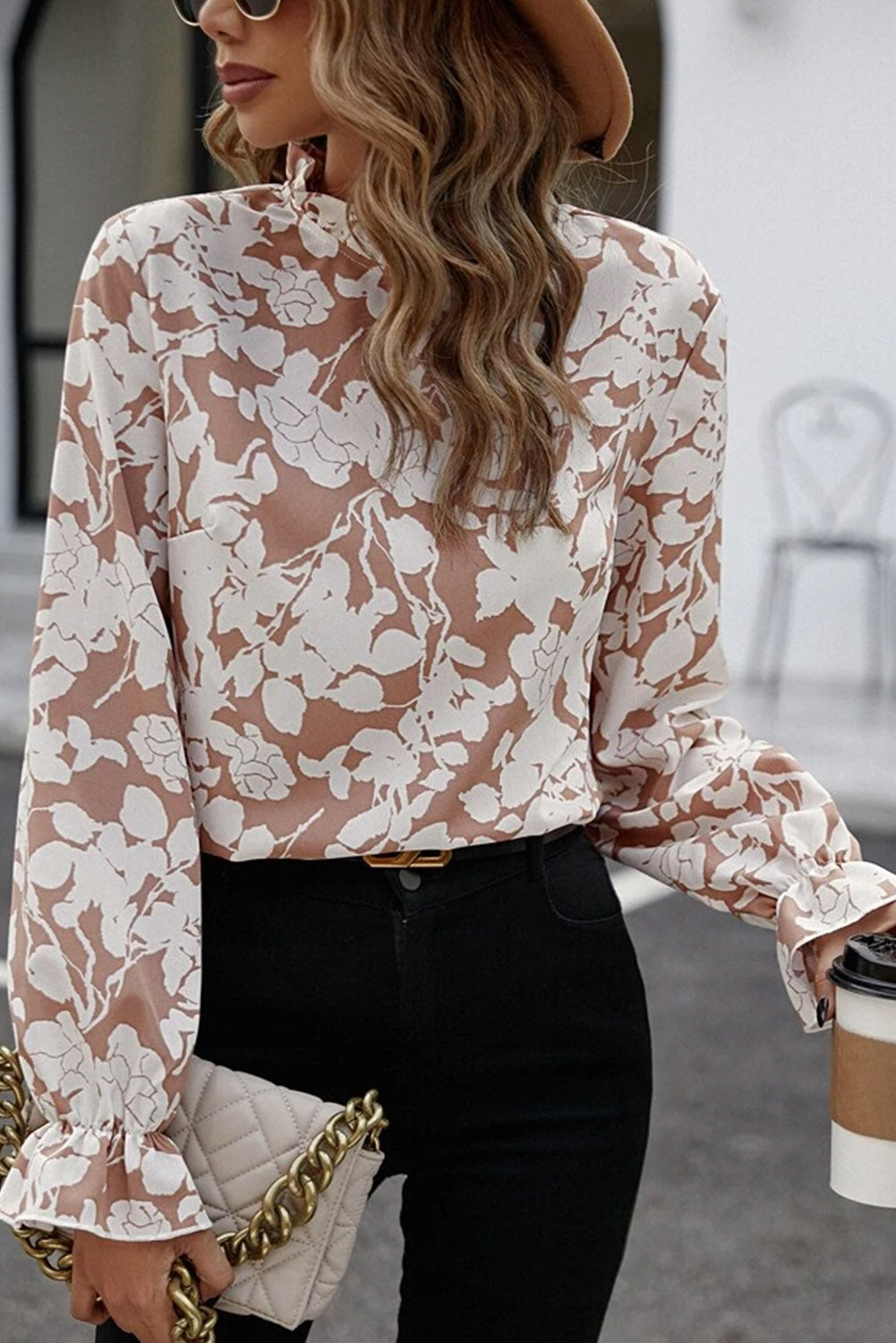 Flaxen Floral Print Frilled Neckline Flounce Sleeve Blouse Tops & Tees JT's Designer Fashion