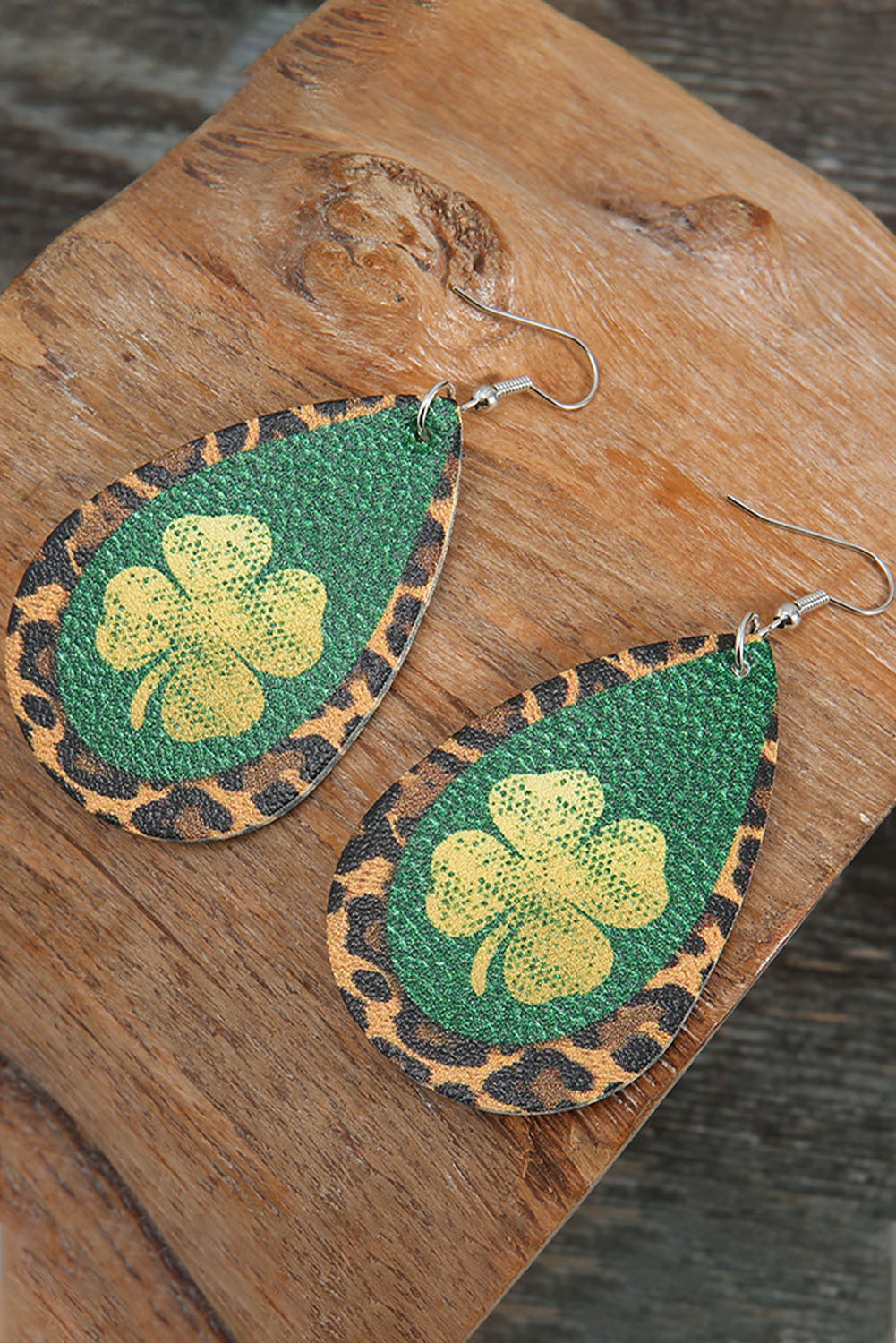 Green St. Patrick Shamrock Leopard Faux Leather Earrings Jewelry JT's Designer Fashion