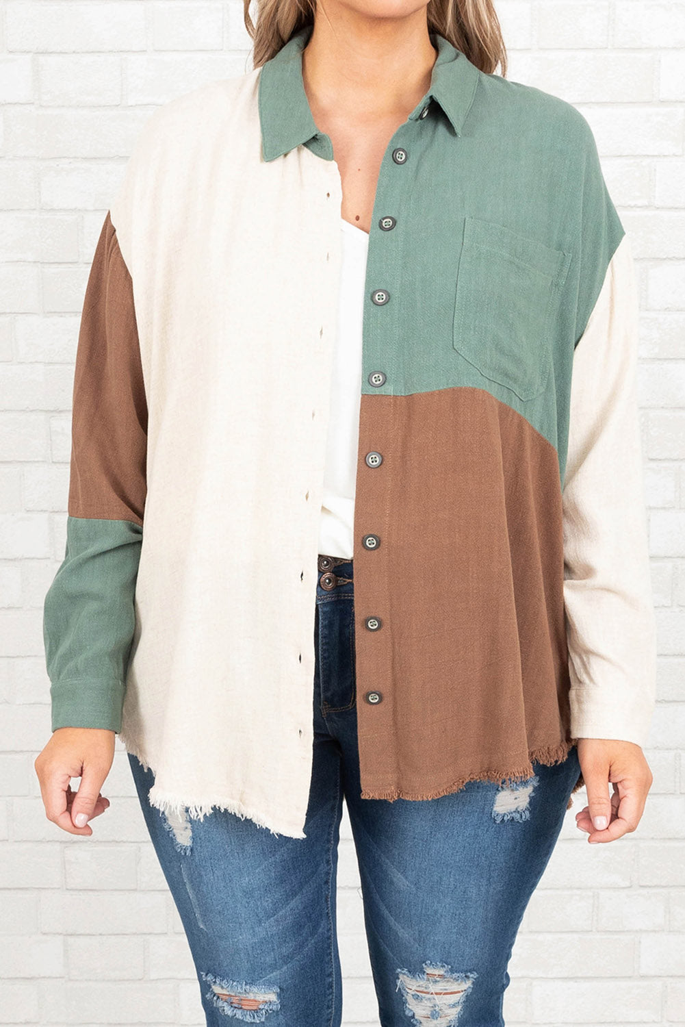 Green Colorblock Button-Up Long Sleeve Plus Size Shirt Plus Size JT's Designer Fashion