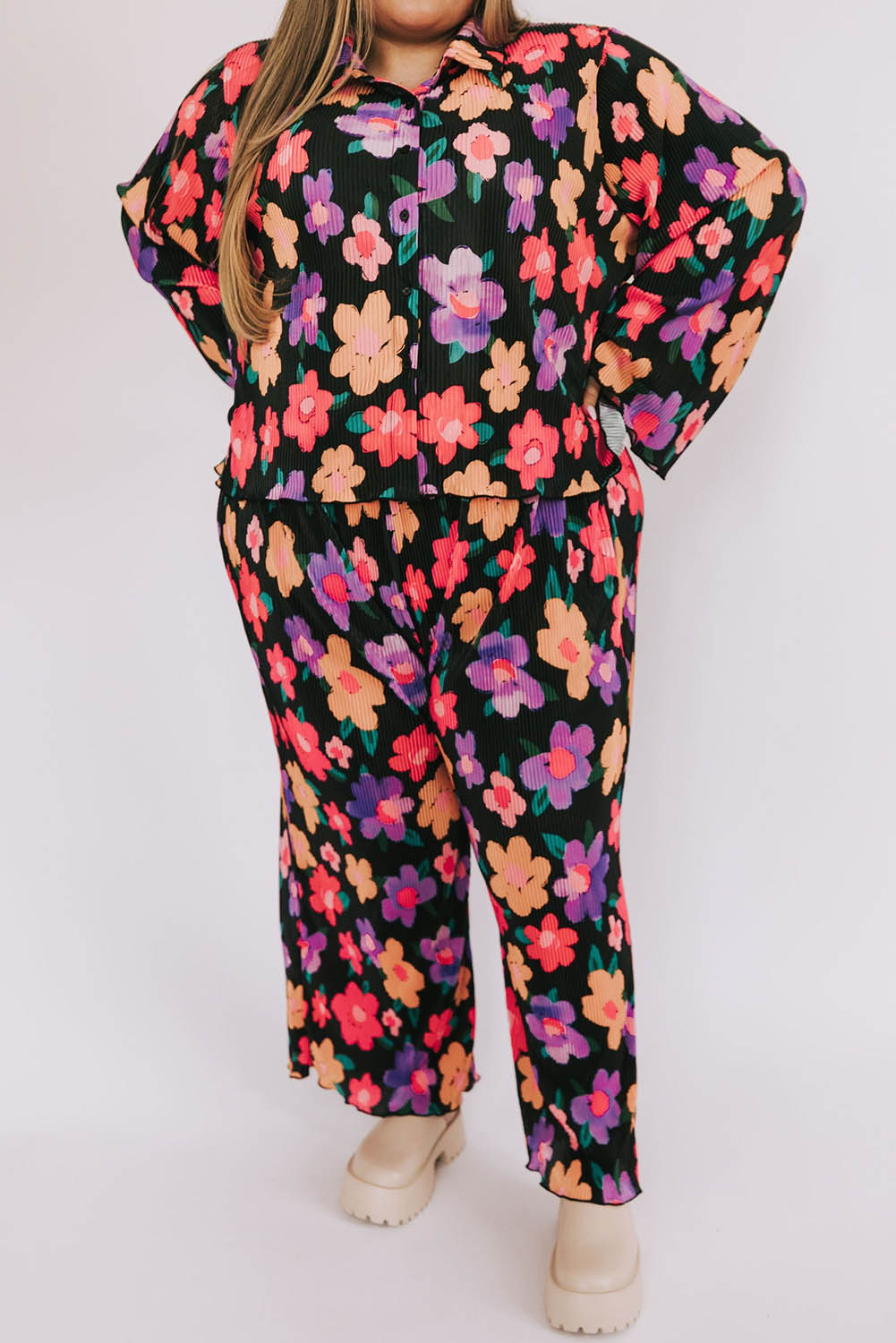 Black Plus Size Floral Long Sleeve Shirt and Pants Set Plus Size JT's Designer Fashion