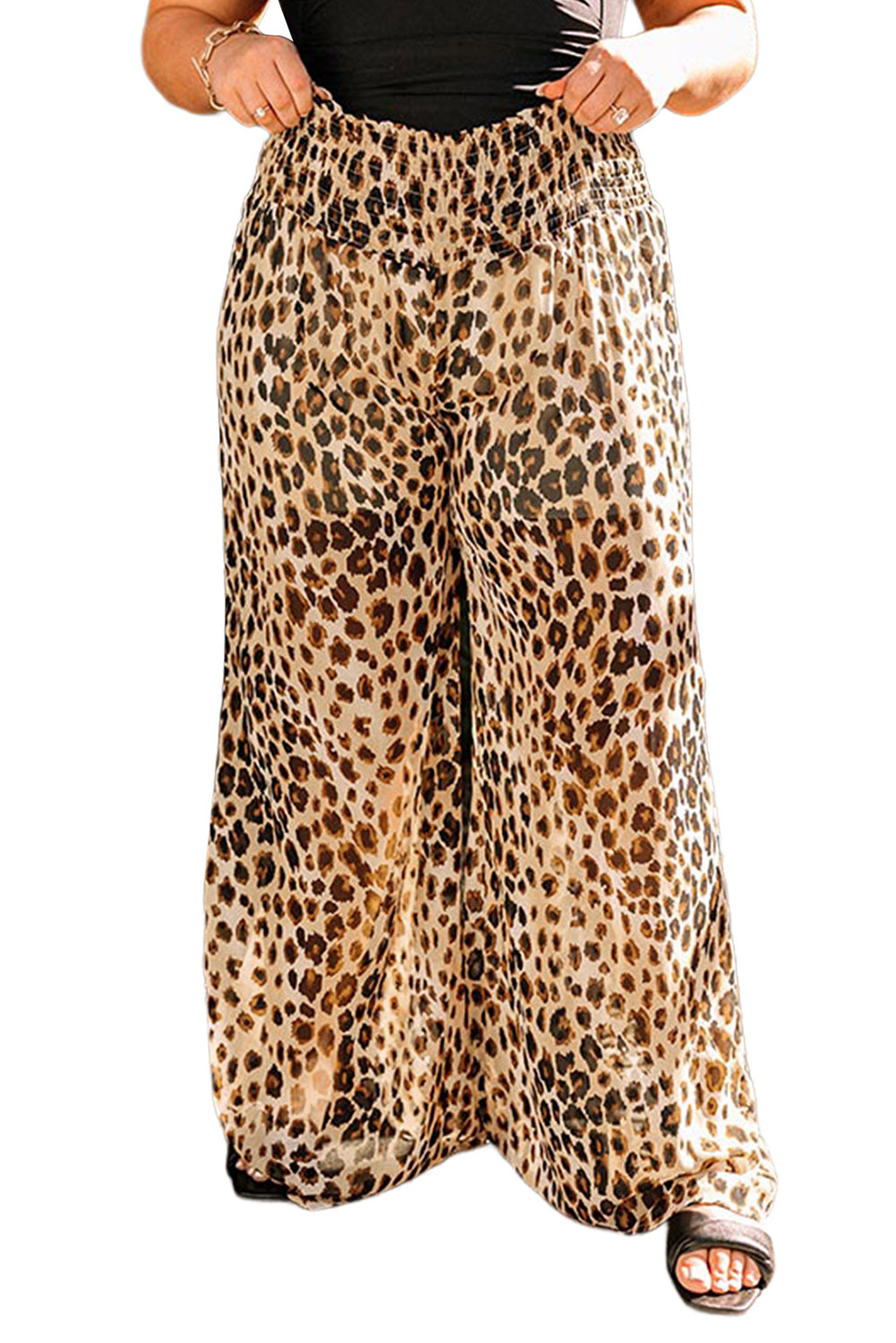 Leopard Plus Size Smoked High Waist Wide Leg Pants Plus Size Bottoms JT's Designer Fashion