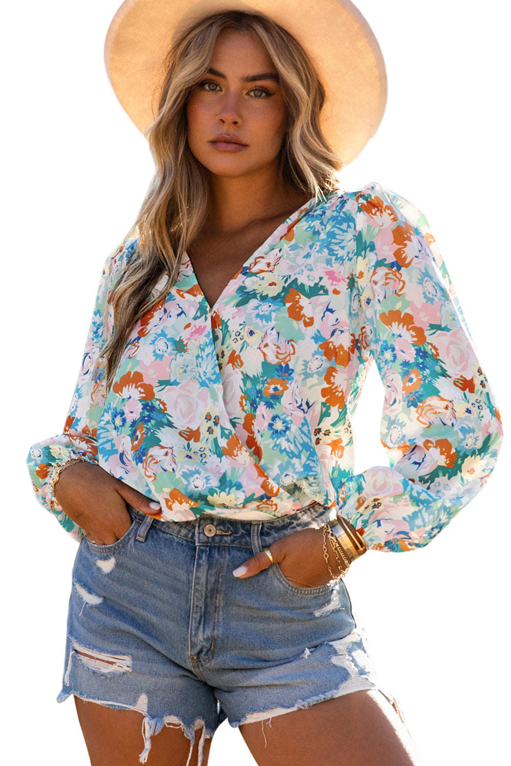 Sky Blue Floral Print Wrap Long Sleeve Bodysuit Bodysuits JT's Designer Fashion