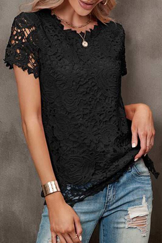 Black Lace Overlay Short Sleeve Top Tops & Tees JT's Designer Fashion