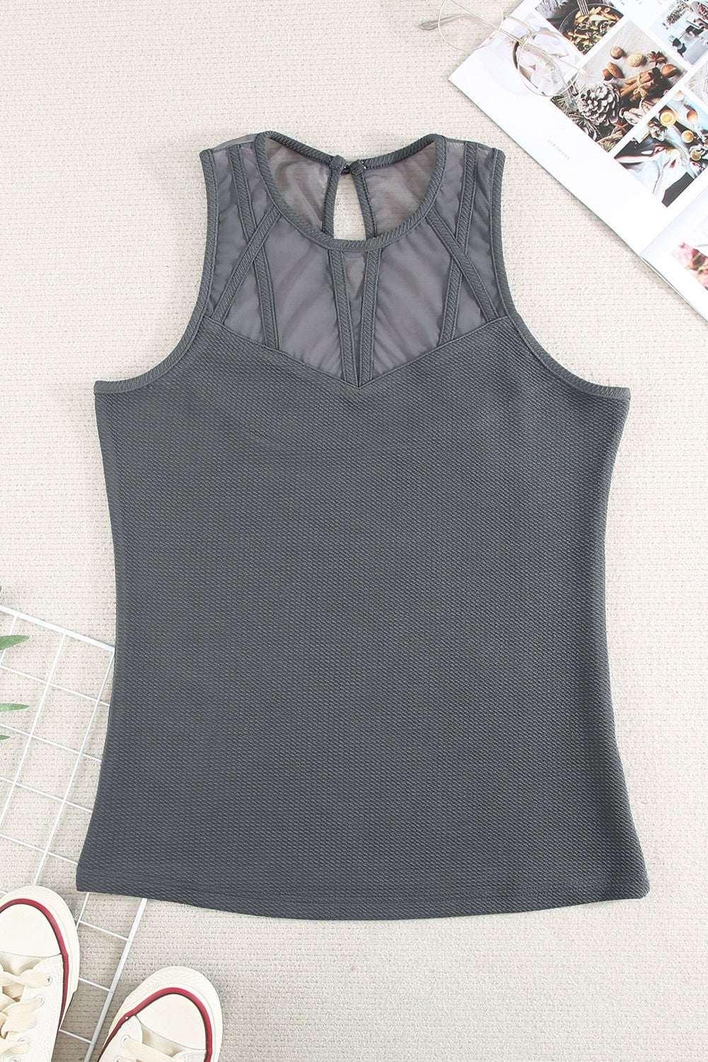 Gray Strappy Mesh Splicing Ribbed Tank Top Tank Tops JT's Designer Fashion