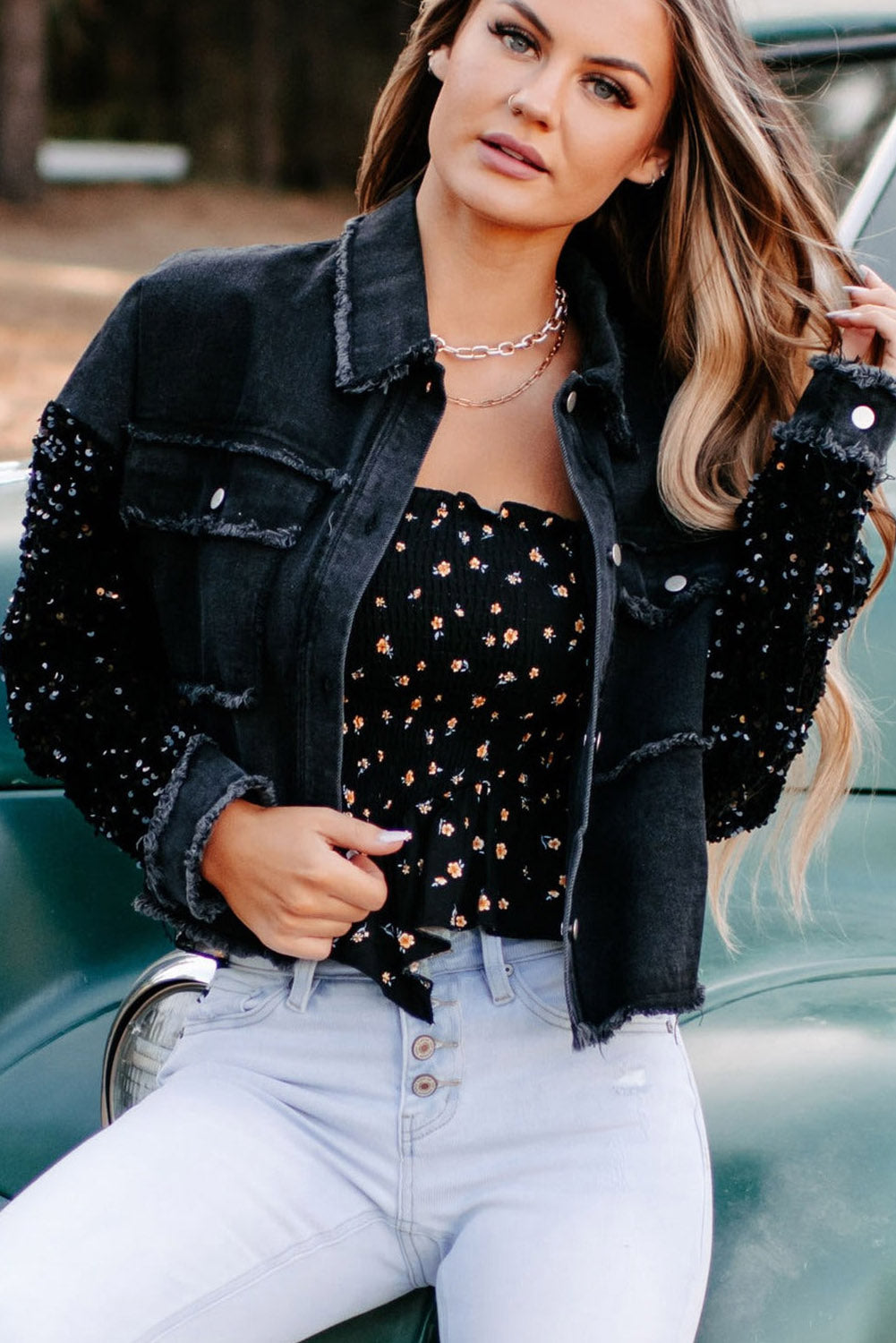 Black Sequin Sleeve Pocketed Raw Hem Denim Jacket Denim jackets JT's Designer Fashion