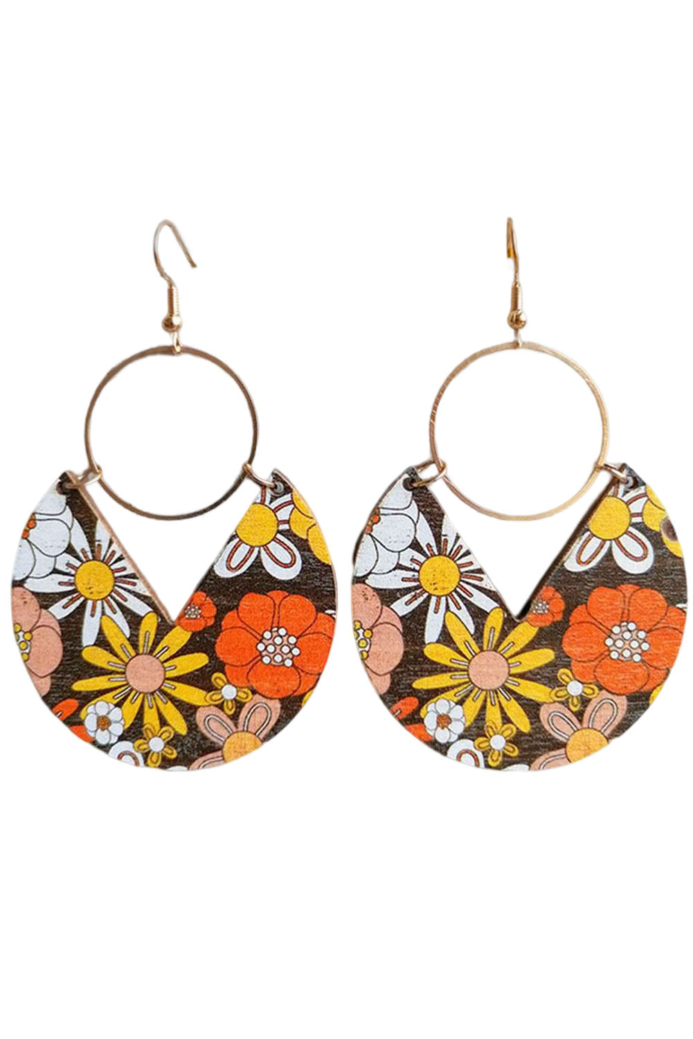 Multicolor Boho Floral Print Notch Round Wood Pendant Hook Earrings Jewelry JT's Designer Fashion