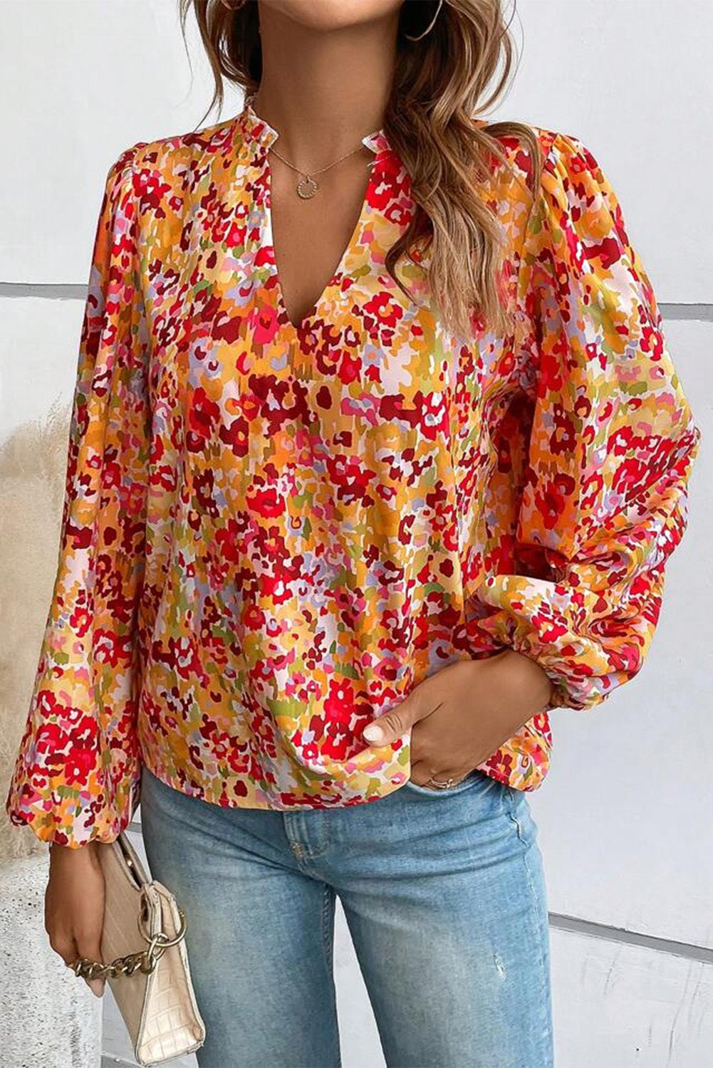 Grapefruit Orange Frilled Split Neck Bubble Sleeve Floral Blouse Tops & Tees JT's Designer Fashion