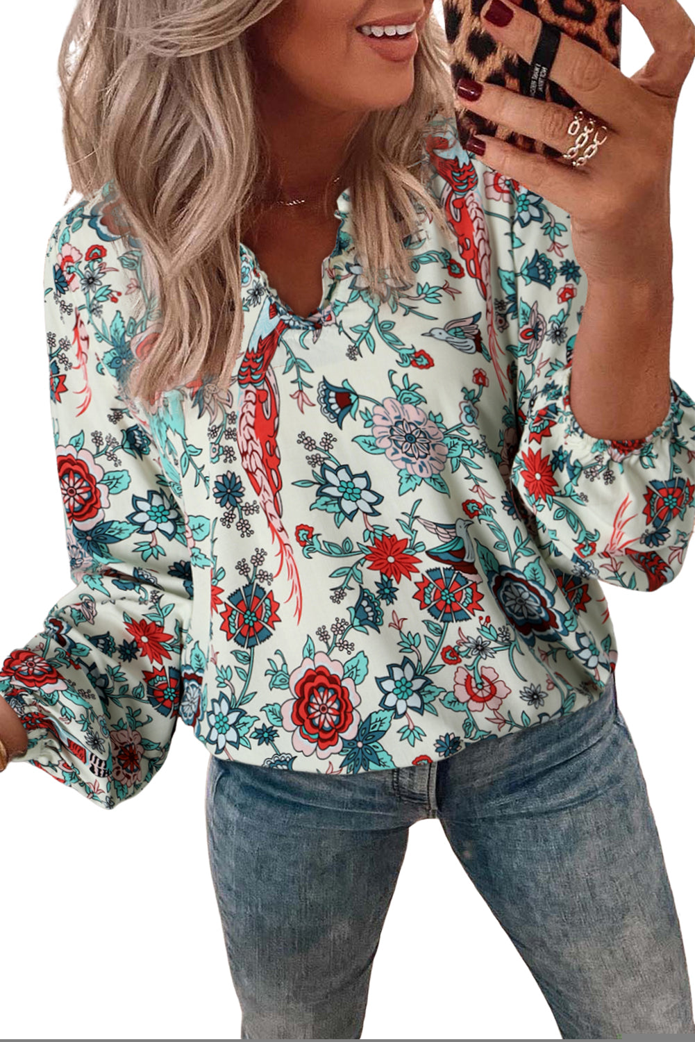 Apricot Floral Frilled V Neck Long Sleeve Blouse Blouses & Shirts JT's Designer Fashion