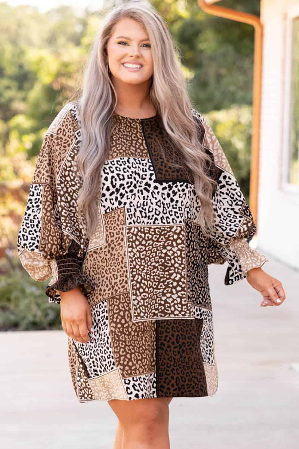 Chestnut Plus Size Mixed Leopard Print Puff Sleeve Dress Plus Size JT's Designer Fashion