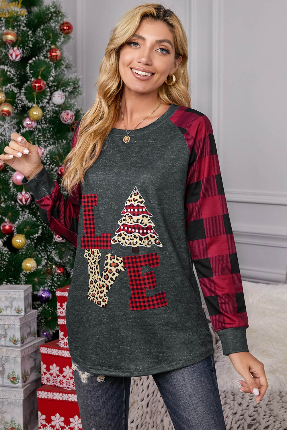 Red Plaid Christmas Print Long Sleeve Top Long Sleeve Tops JT's Designer Fashion