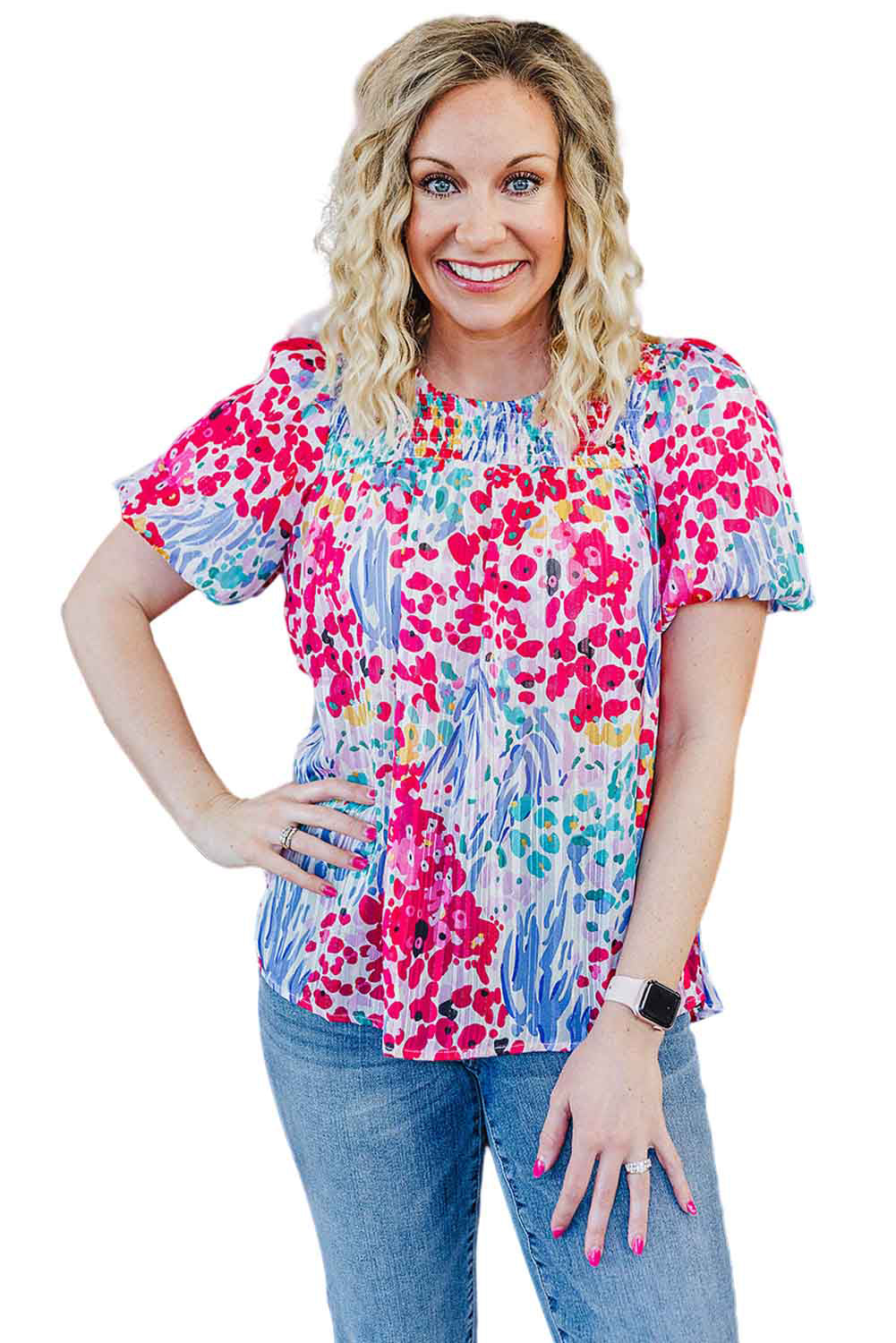 Multicolor Floral Print Shirred Puff Sleeve Plus Size Blouse Plus Size JT's Designer Fashion