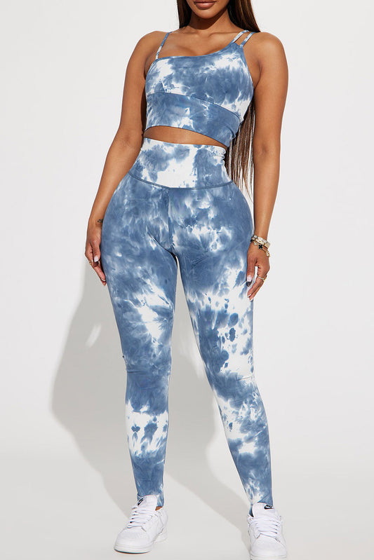 Sky Blue Tie Dye Asymmetric Strappy Shoulder High Waist Active Set Tops & Tees JT's Designer Fashion