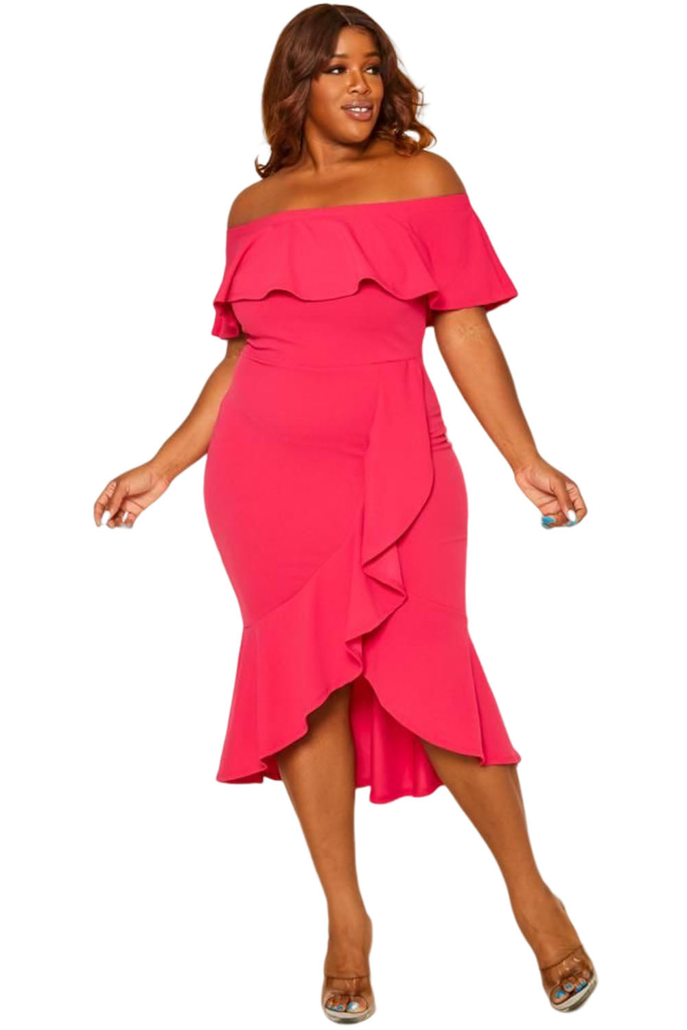 Rose Ruffled Off Shoulder High Low Plus Size Dress Plus Size JT's Designer Fashion