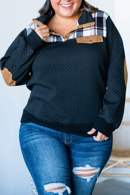 Black Plus Size Plaid Patch Henley Sweatshirt Plus Size JT's Designer Fashion