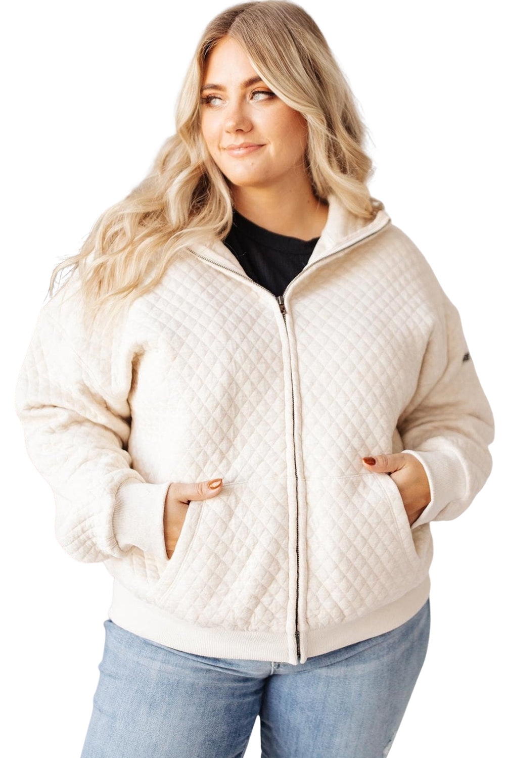 Bright White Zipped Shoulder Pocket Plus Size Quilted Jacket Plus Size JT's Designer Fashion