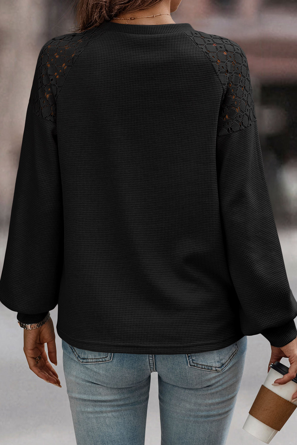 Black Lace Long Sleeve Textured Pullover Tops & Tees JT's Designer Fashion