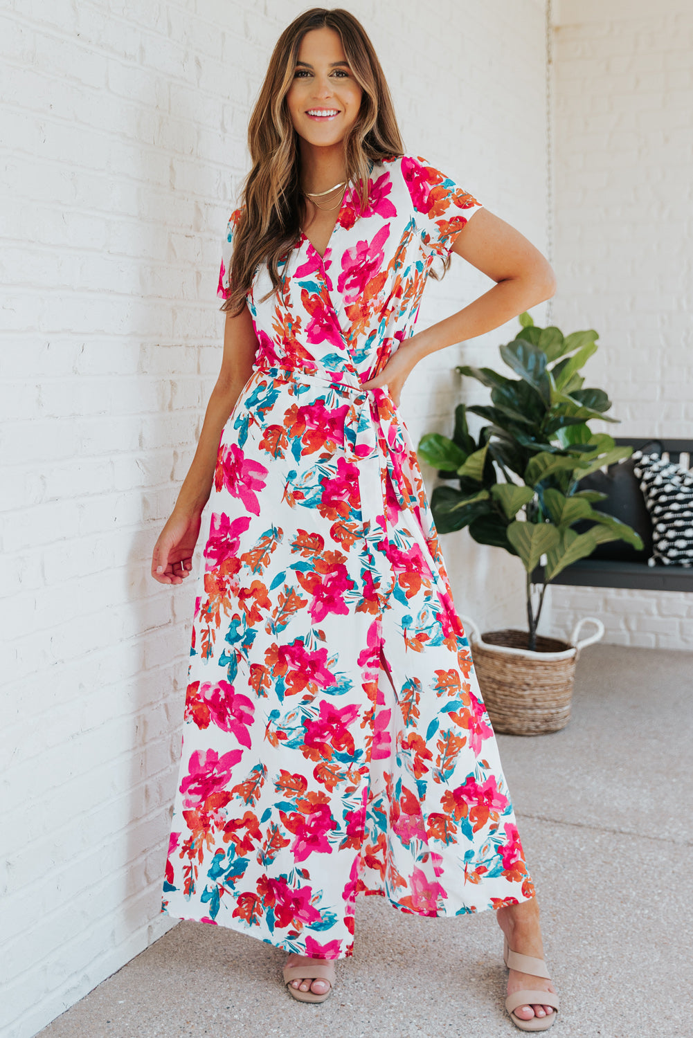 Rose Wrap V Neck Short Sleeve Floral Maxi Dress Floral Dresses JT's Designer Fashion