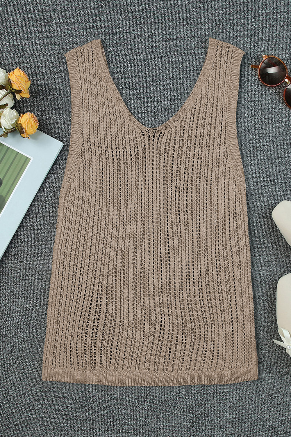 Khaki Hollowed Knit V Neck Tank Top Tank Tops JT's Designer Fashion