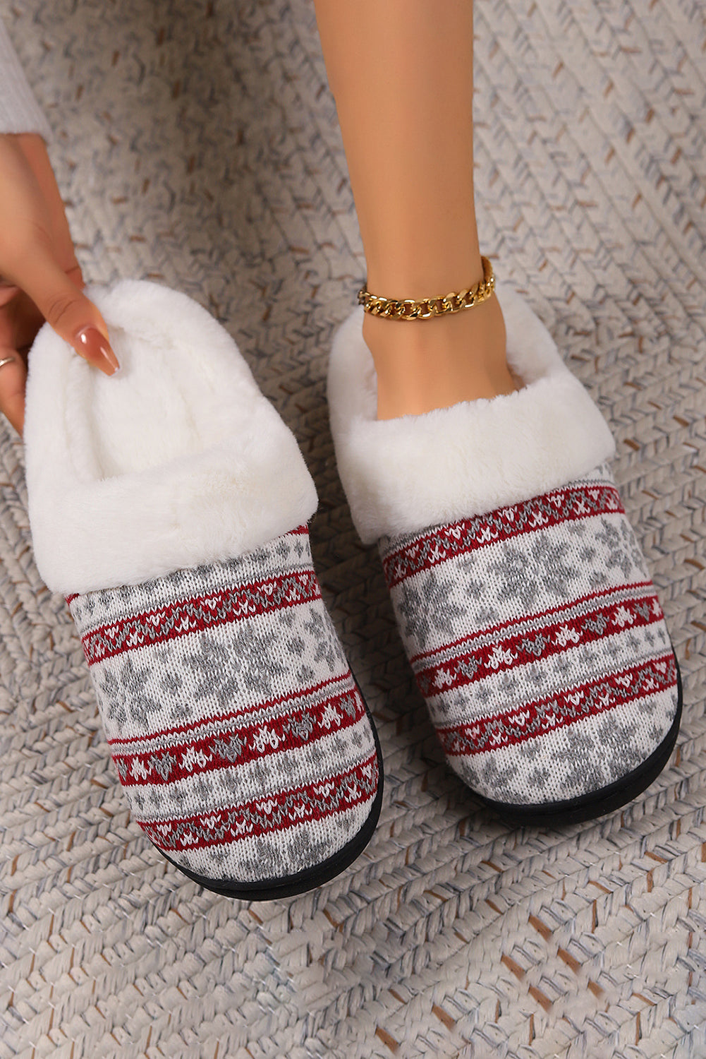 White Snowflake Pattern Knitted Plush Home Slippers Slippers JT's Designer Fashion