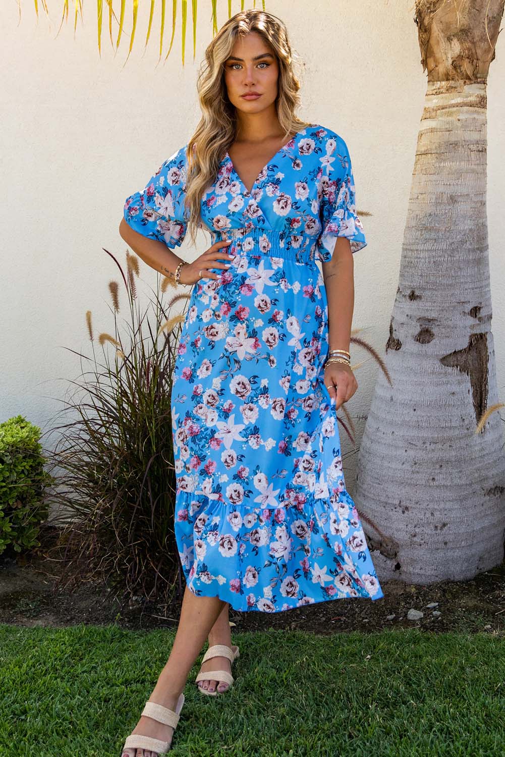 Blue Ruffle Short Sleeve Bohemian Flower Long Dress Floral Dresses JT's Designer Fashion