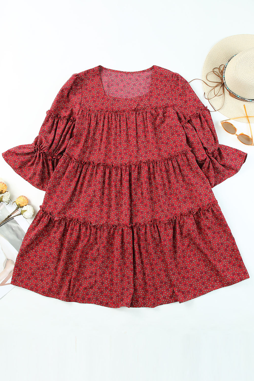 Red Floral Print Tiered Ruffled Square Neck Babydoll Dress Mini Dresses JT's Designer Fashion