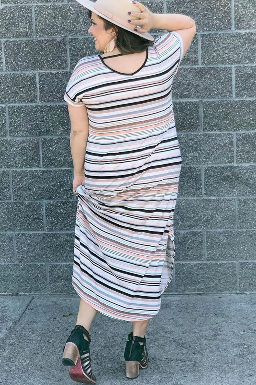 White Striped Print V Neck Side Split Plus Size Dress Plus Size Dresses JT's Designer Fashion