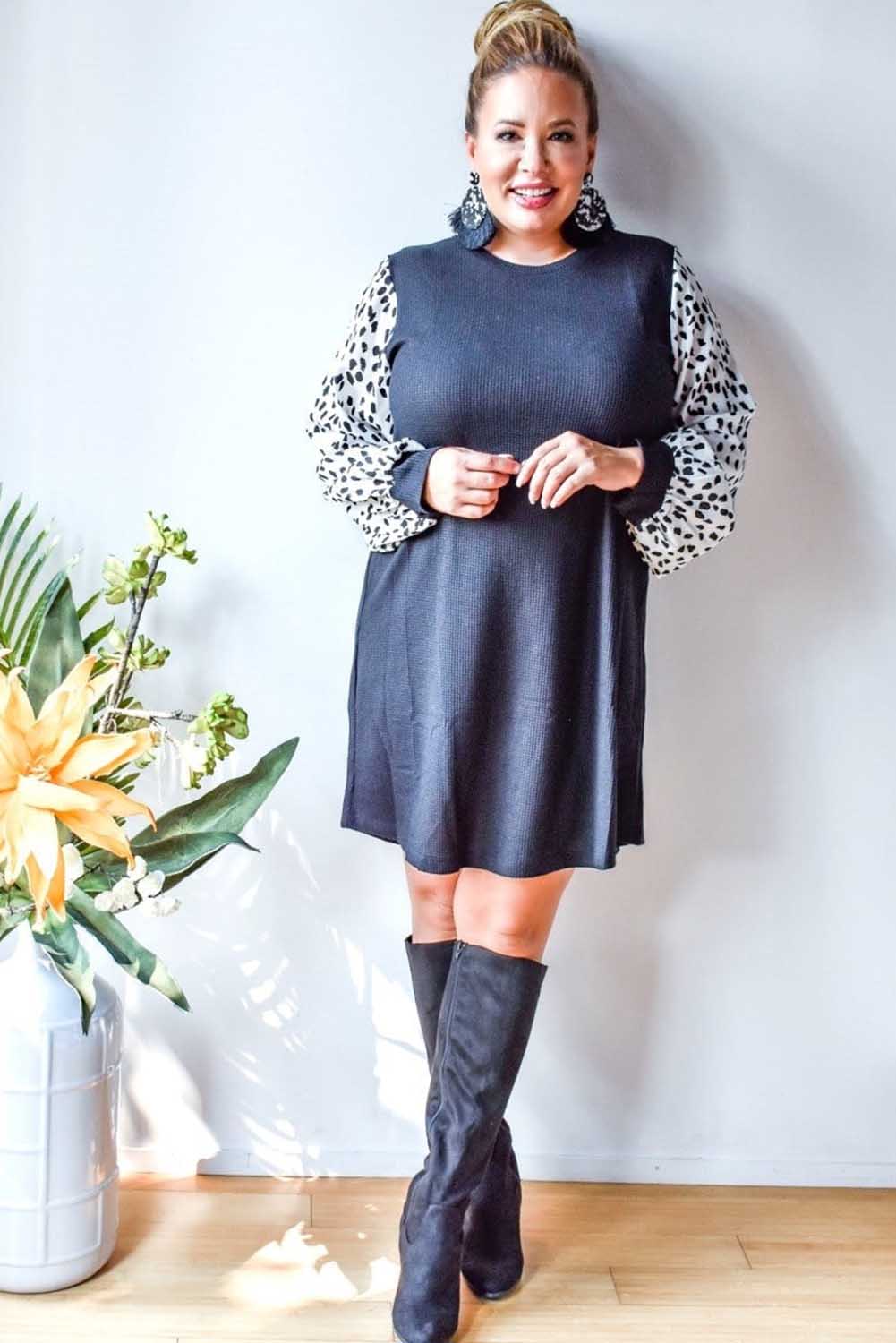 Black Animal Spotted Puff Sleeve Plus Size Waffle Dress Plus Size JT's Designer Fashion