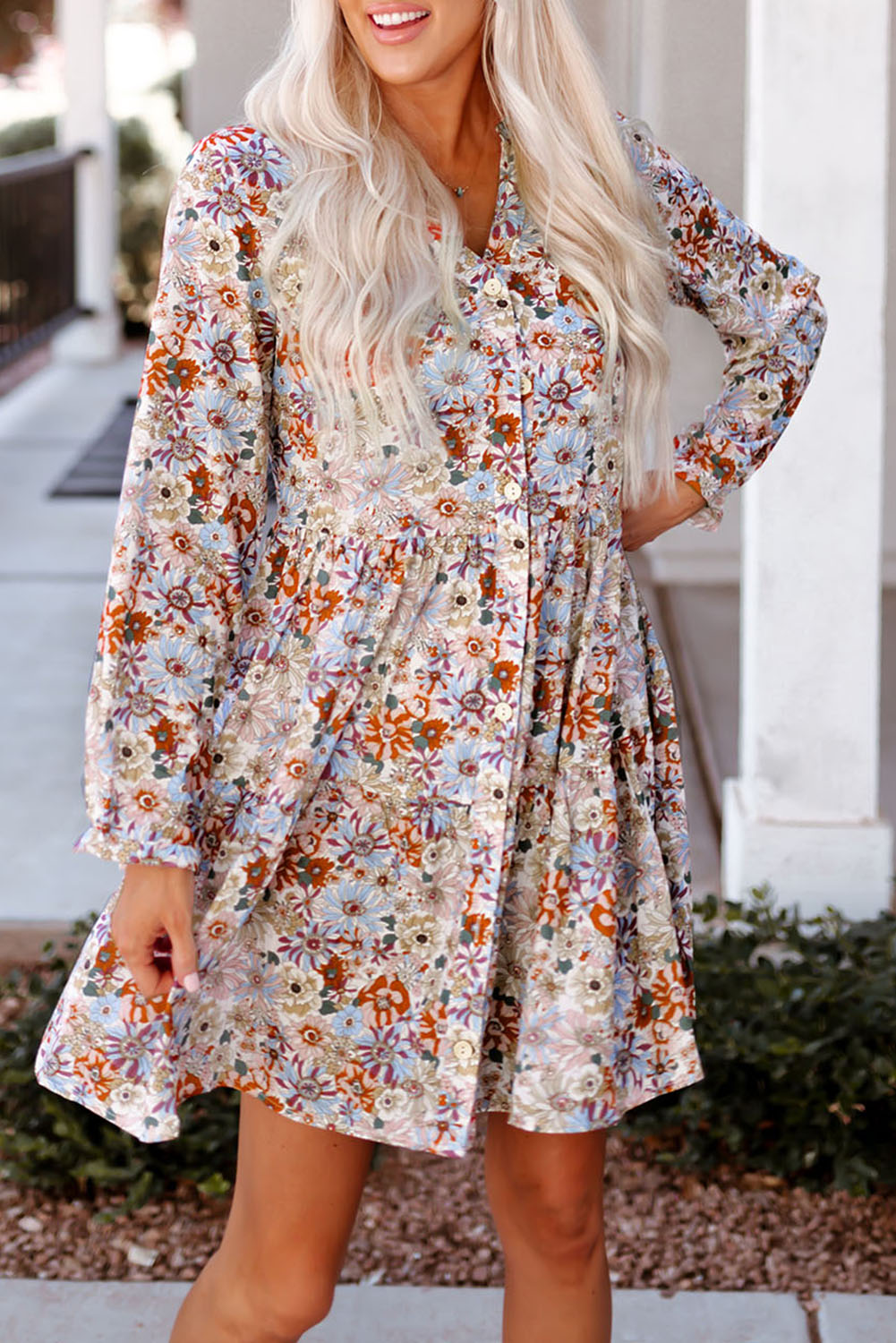 Multicolor Split Neck Buttons Front Shirt Floral Dress Floral Dresses JT's Designer Fashion