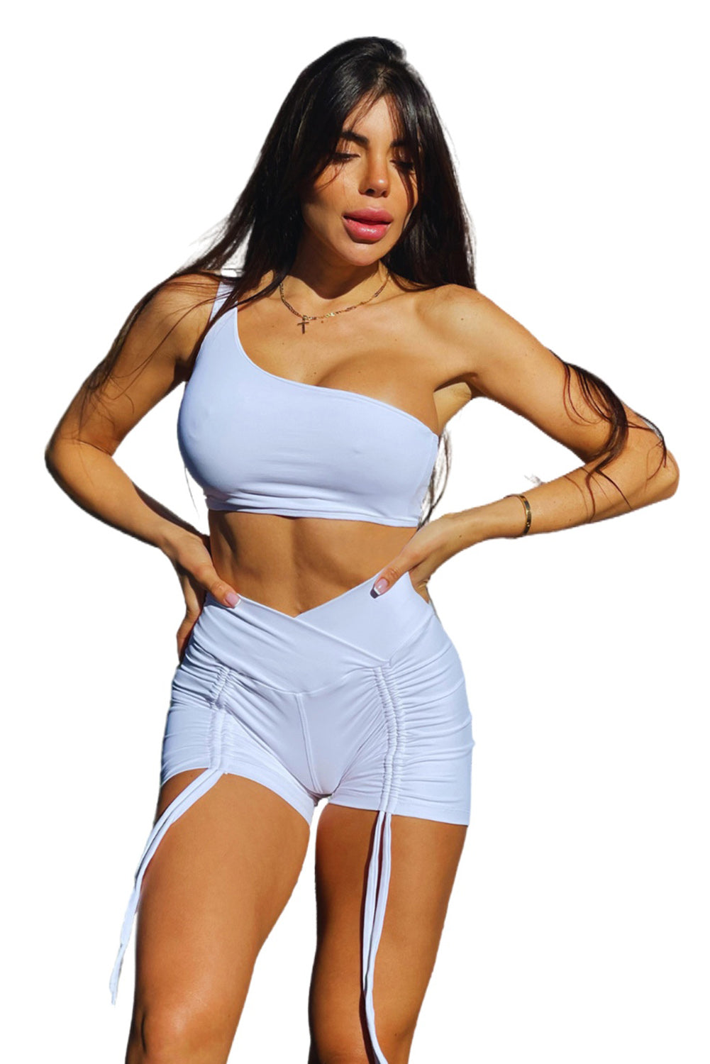 White One Shoulder Cropped Drawstring Scrunched Set Bottoms JT's Designer Fashion