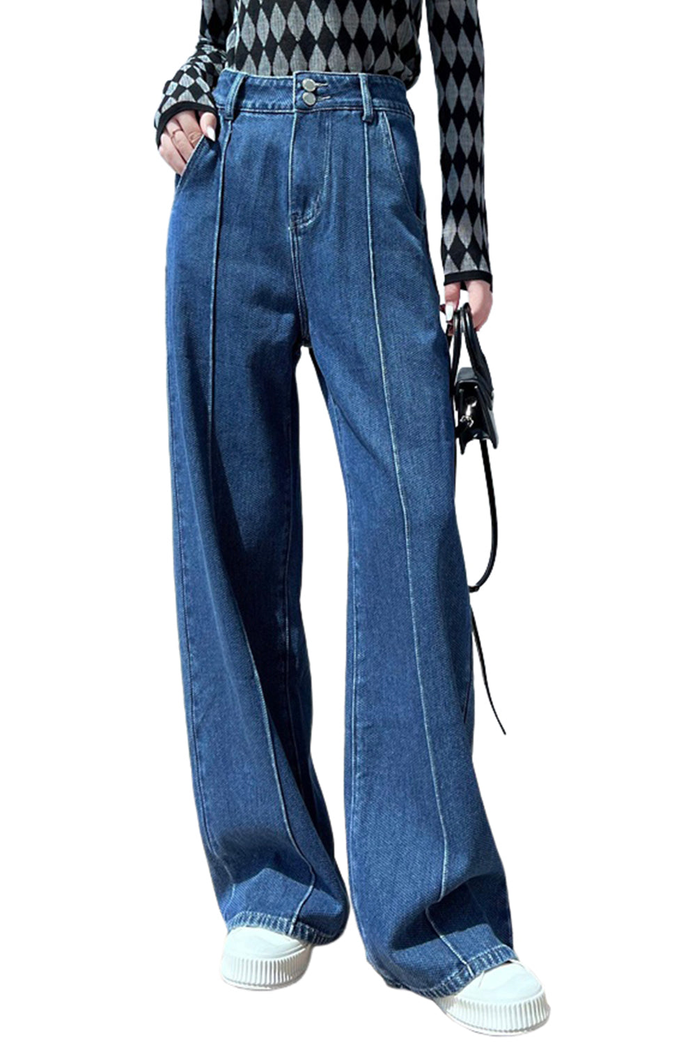 Blue Double Button Wide Leg Jeans Bottoms JT's Designer Fashion