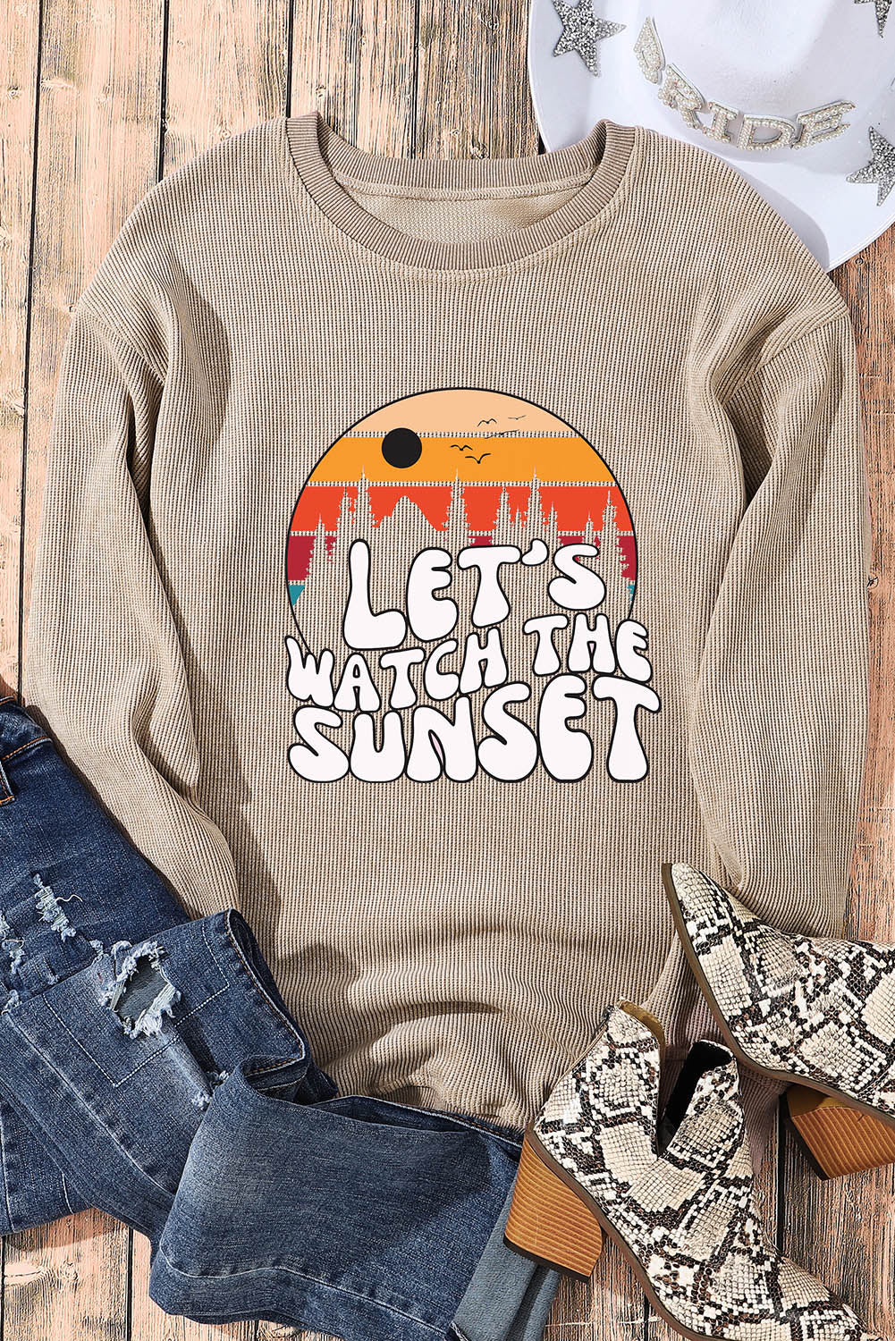 Khaki LET Graphic Sweatshirts JT's Designer FashionS WATCH THE SUNSET Graphic Corduroy Sweatshirt Graphic Sweatshirts JT's Designer Fashion