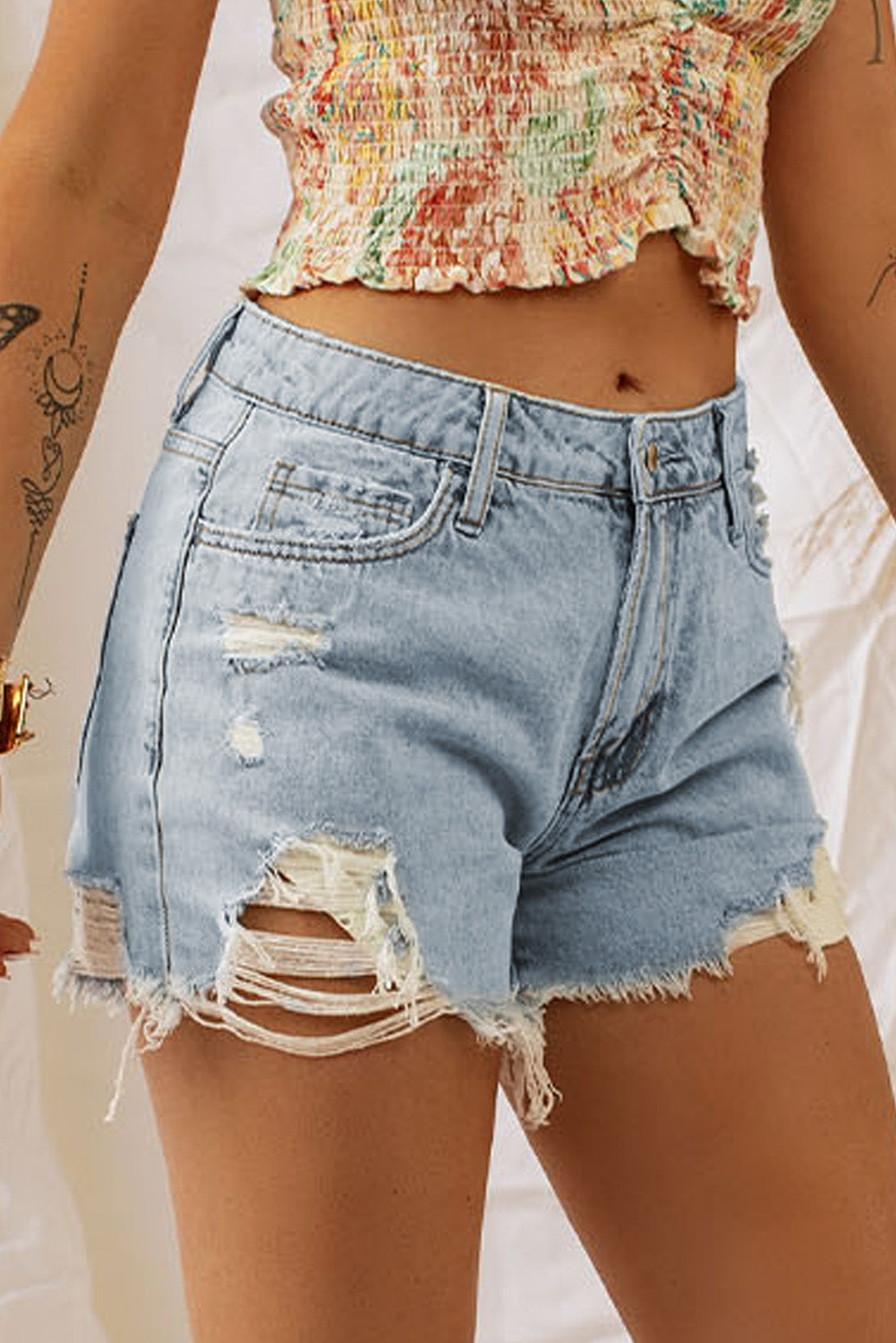 Sky Blue Distressed Light Wash Denim Shorts Denim Shorts JT's Designer Fashion