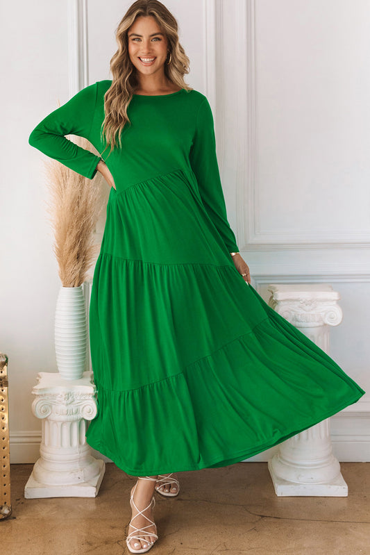 Green Asymmetrical Tiered Long Sleeve Maxi Dress Green 65%COTTON+35%POLYESTER Maxi Dresses JT's Designer Fashion