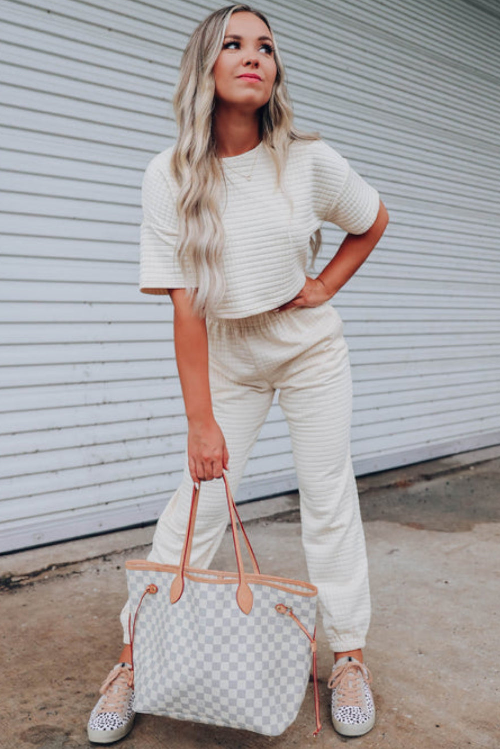 White Lattice Textured Cropped Tee and Jogger Pants Set Bottoms JT's Designer Fashion