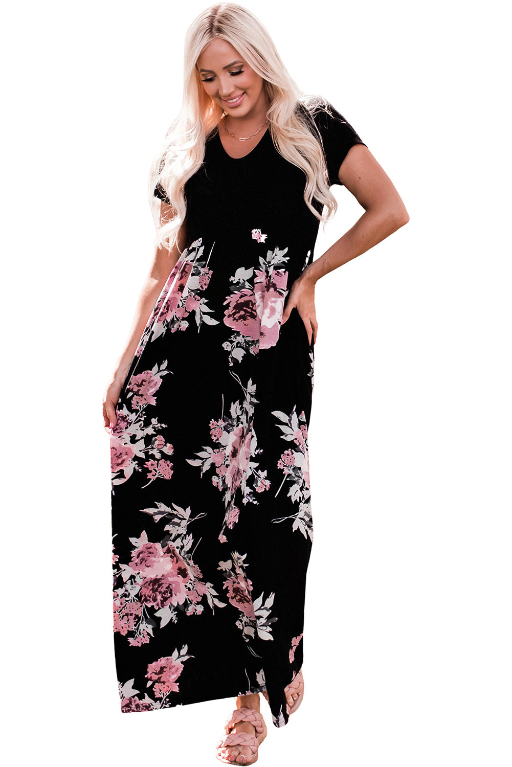 Black Contrast Floral Empire Waist Maxi Dress Maxi Dresses JT's Designer Fashion