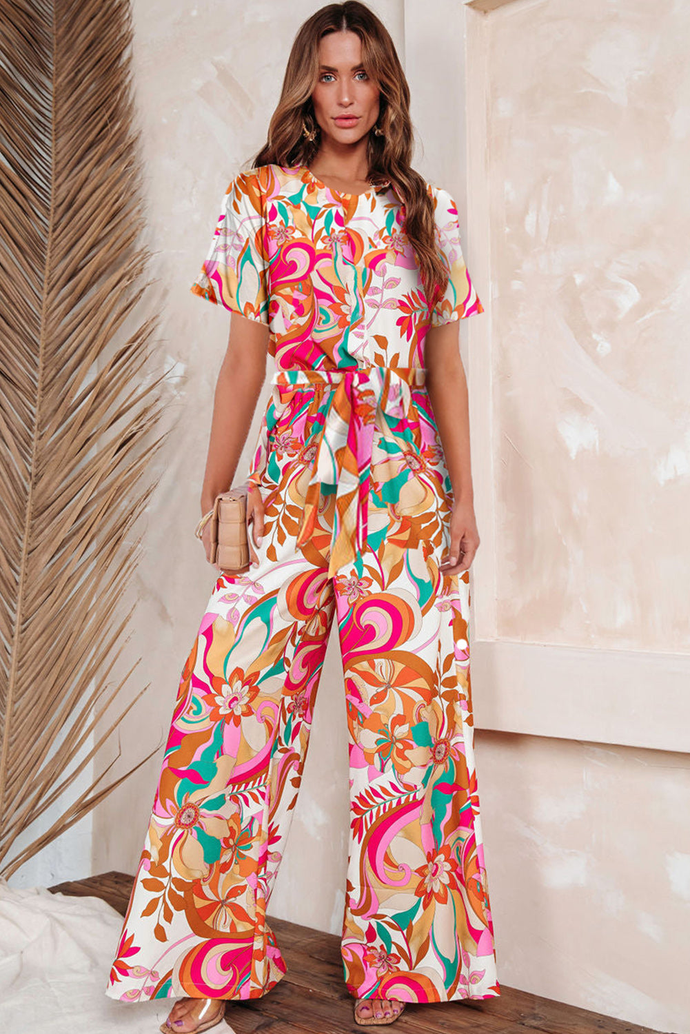 Multicolor Floral Abstract Print Belted Keyhole Back Jumpsuit Bottoms JT's Designer Fashion